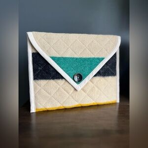 HBC blanket envelope clutch, repurposed vintage wool blanket, quilted and lined